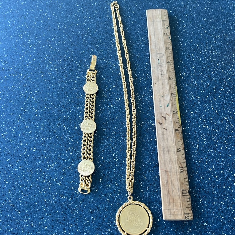 Zodiac “Libra” heavy gold tone 12” necklace and matching bracelet